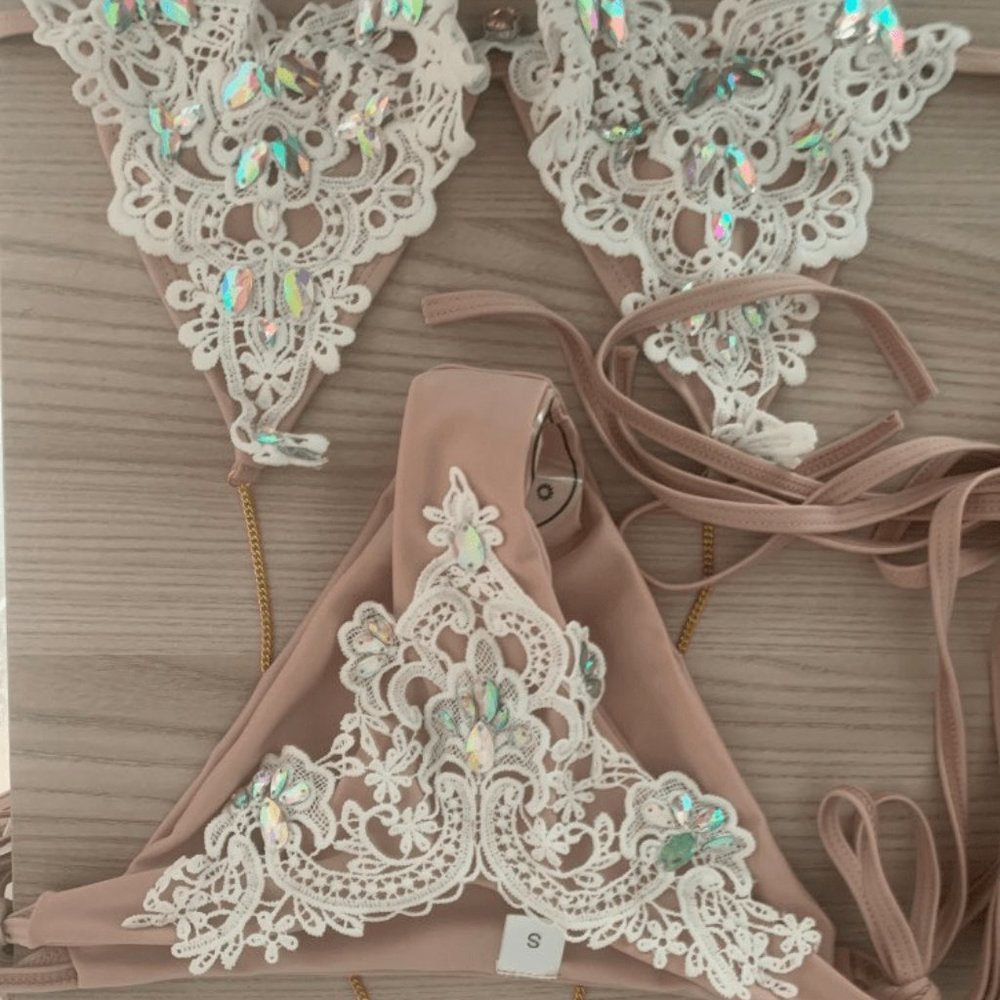 NWOT Gorgeous Jeweled Nude Lace Bikini - Picture 6 of 8